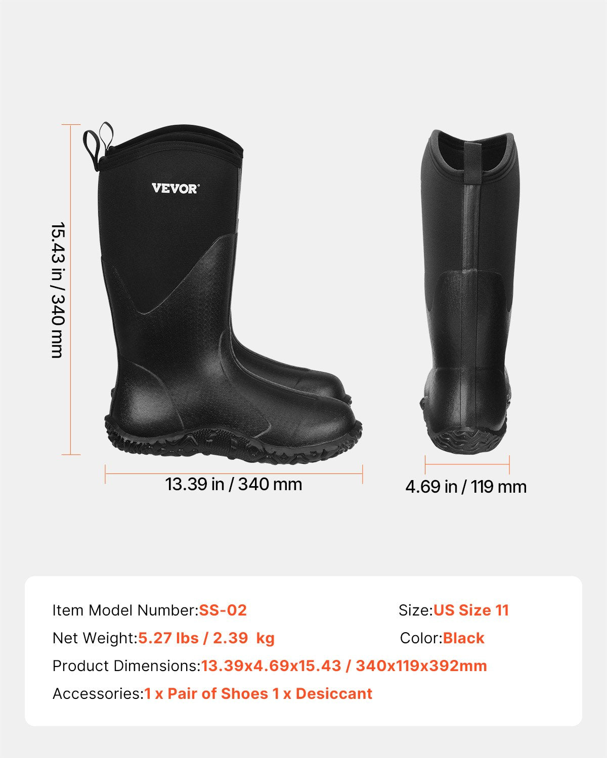 VEVOR Protective Footwear for Men Neoprene Rubber Work Rain Boots Size 11 US