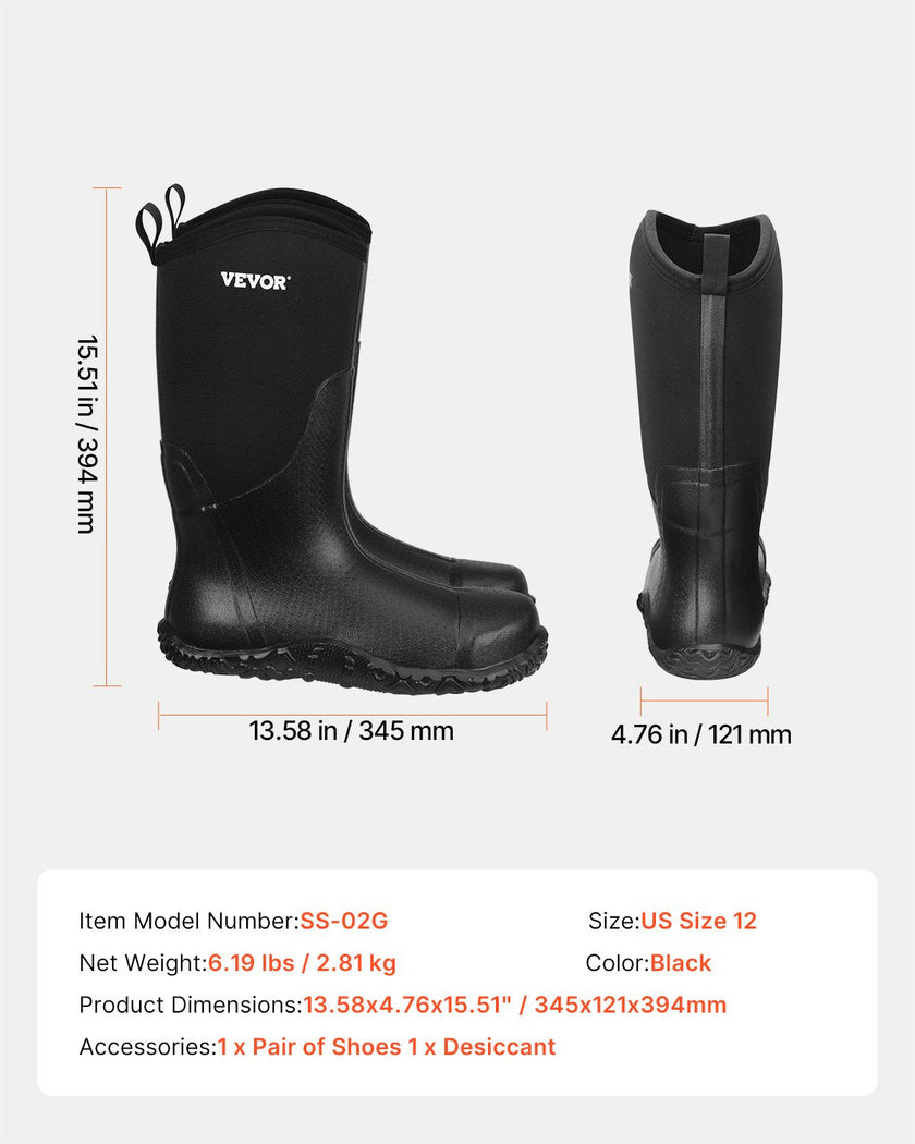 VEVOR Rubber Boots Men Protective Footwear Steel Toe Work Rain Boots Size 12 US