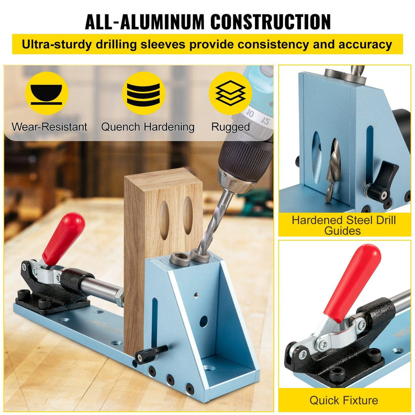VEVOR Pocket Hole Jig Kit, M4 Adjustable & Easy to Use Joinery Woodworking System, Professional and Upgraded Aluminum, Wood Guides Joint Angle Tool w/Drill Bit Hex Key Screws for DIY Carpentry