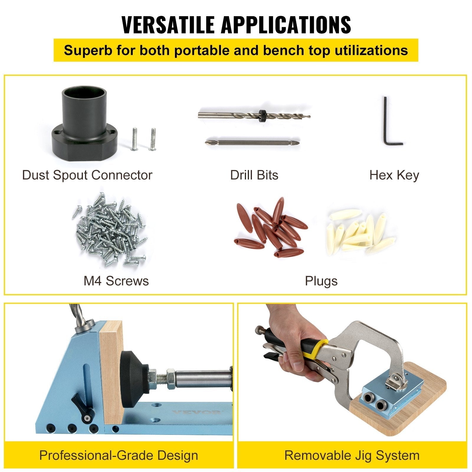 VEVOR Pocket Hole Jig Kit, M4 Adjustable & Easy to Use Joinery Woodworking System, Professional and Upgraded Aluminum, Wood Guides Joint Angle Tool w/Drill Bit Hex Key Screws for DIY Carpentry