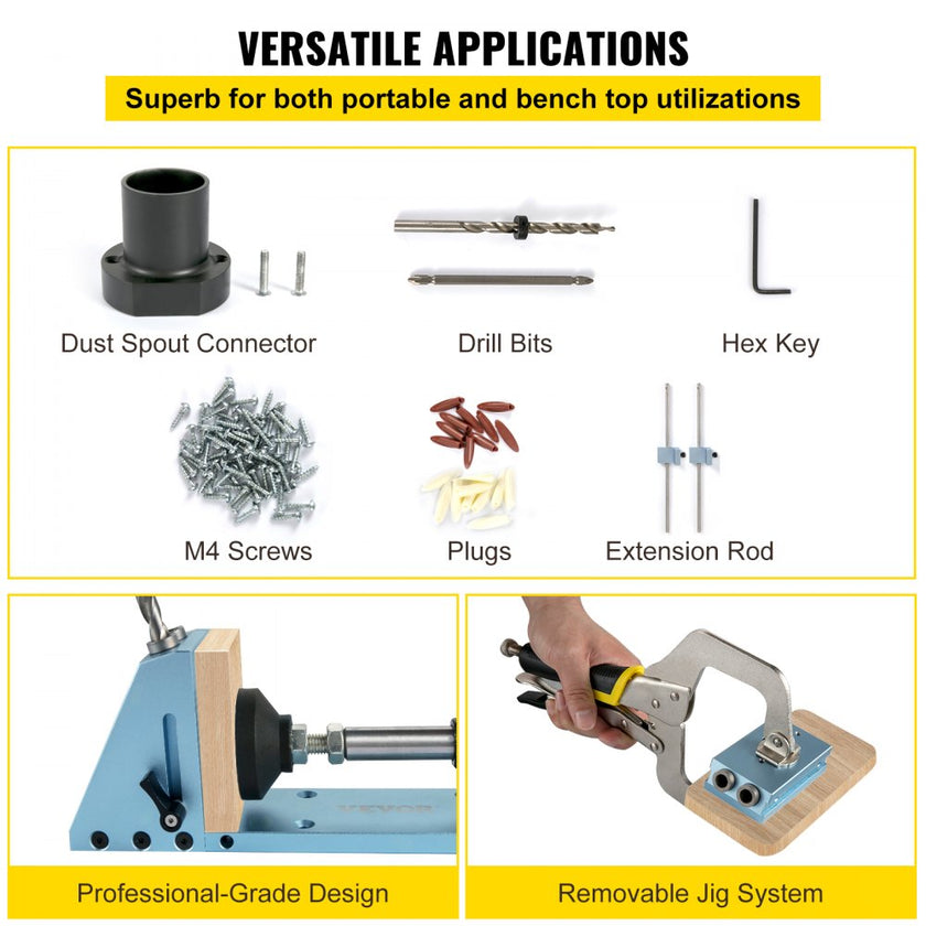 VEVOR Pocket Hole Jig Kit, Adjustable & Easy to Use Joinery Woodworking System, Professional and Upgraded Aluminum, Wood Guides Joint Angle Tool with Extension Rod Screws for DIY Carpentry Projects