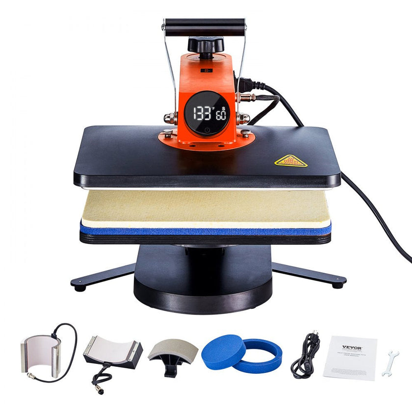 VEVOR Heat Press Machine, 12 x 15 inches Fast Heating 360 Swing Away Digital Sublimation Transfer, 5-in-1 T-Shirt Vinyl Transfer Printer for Banners Canvas Bag Pillow Shirts Cups Plates Caps
