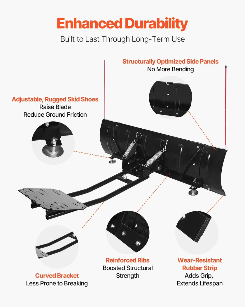 VEVOR Snow Plow Blade, 43 in/72 in Width Adjustable Snow Plow Kit, Easy to Detach, Universal Mount Plowing Attachment with Rubber Flaps, Heavy Duty Steel Blade, Compatible with Most UTV & ATV