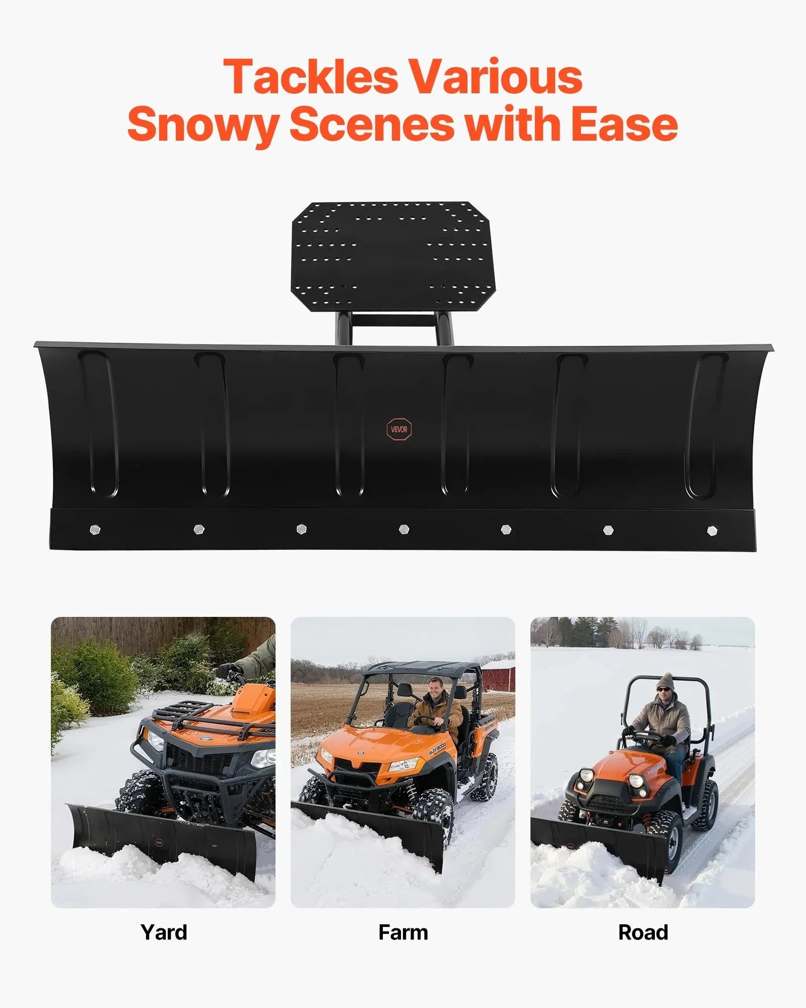 VEVOR Snow Plow Kit, 48in Universal Snow Plow Attachment, Height & Left-Right Adjustable, Quick To Detach, Steel ATV Scrape Blade, 3 Mount Options, Efficient Snows Clearing, for Most ATVs & UTVs