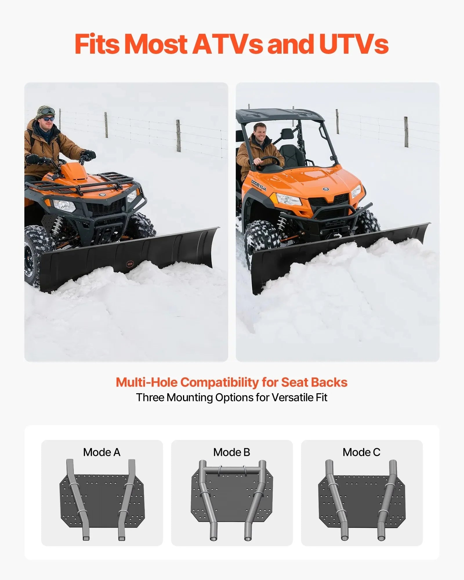 VEVOR Snow Plow Kit, 60in Universal Snow Plow Attachment, Height & Left-Right Adjustable, Quick To Detach, Steel ATV Scrape Blade, 3 Mount Options, Efficient Snows Clearing, for Most ATVs & UTVs