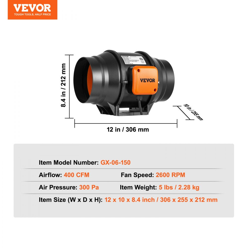 VEVOR 6 Inch Inline Duct Fan HVAC Exhaust Blower Kit AC Variable Speed Control