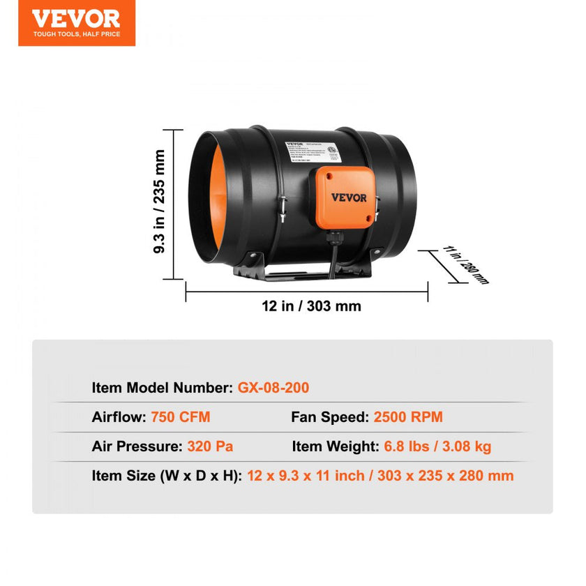 VEVOR 8 Inch Inline Duct Fan HVAC Exhaust Blower Kit AC Variable Speed Control