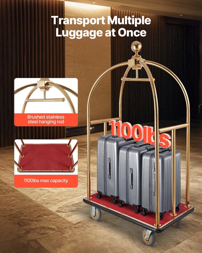 VEVOR Hotel Luggage Cart 1100 LBS Stainless Steel Bellman's Cart Curved Uprights