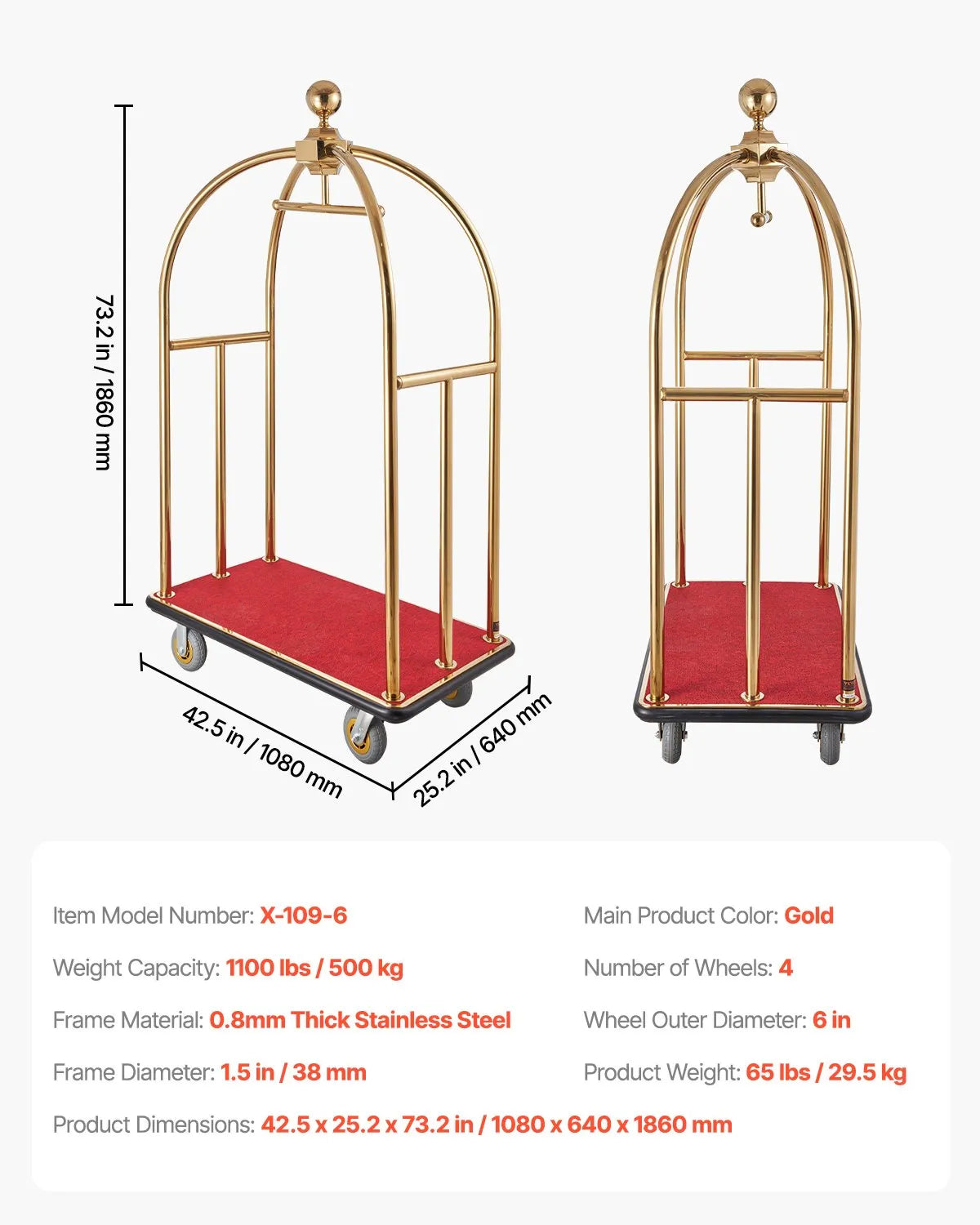 VEVOR Hotel Luggage Cart 1100 LBS Stainless Steel Bellman's Cart Curved Uprights