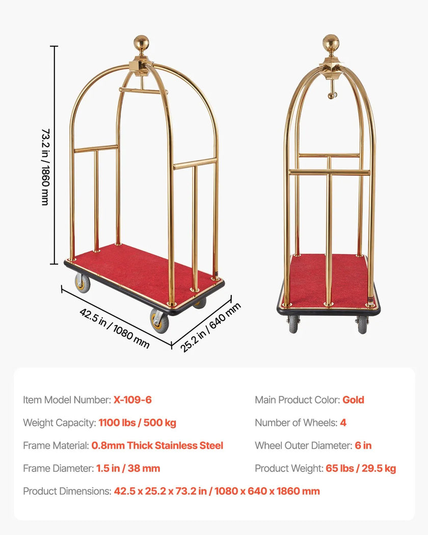 VEVOR Hotel Luggage Cart 1100 LBS Stainless Steel Bellman's Cart Curved Uprights