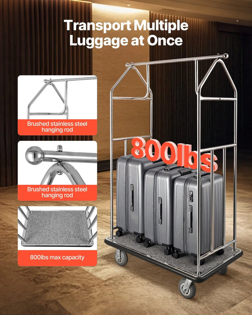 VEVOR Hotel Luggage Cart 800 LBS Brushed Stainless Steel Finish Bellman's Cart