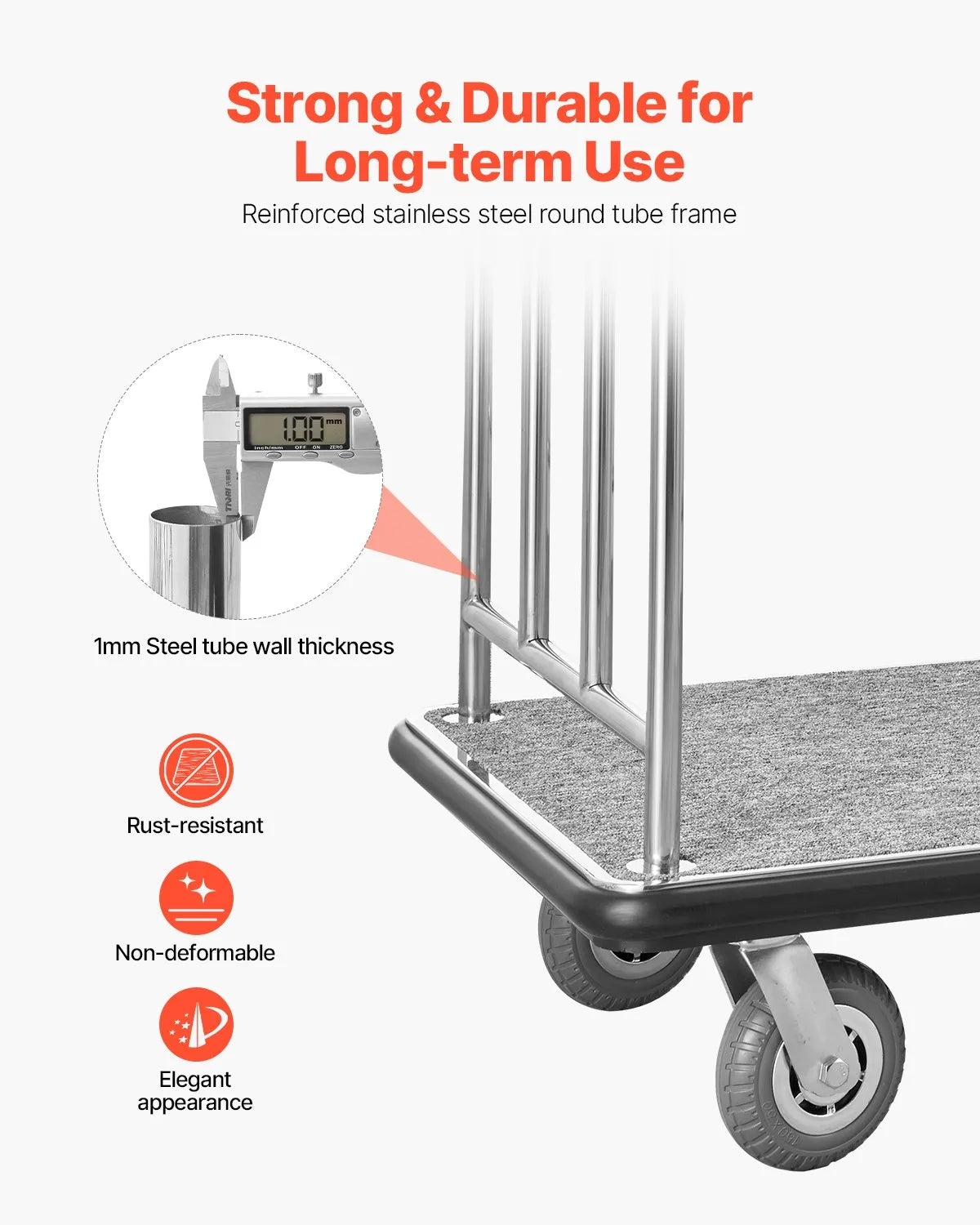 VEVOR Hotel Luggage Cart 800 LBS Brushed Stainless Steel Finish Bellman's Cart