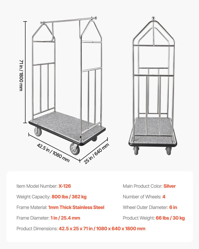 VEVOR Hotel Luggage Cart 800 LBS Brushed Stainless Steel Finish Bellman's Cart