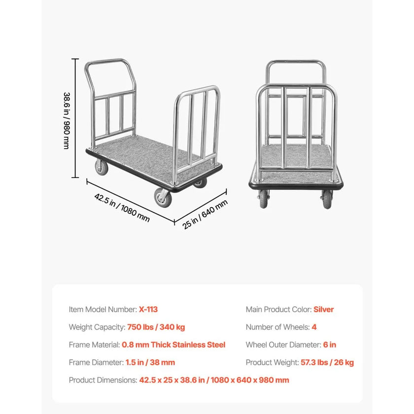VEVOR Hotel Luggage Cart 750 LBS Platform Truck with Removable Front Frame