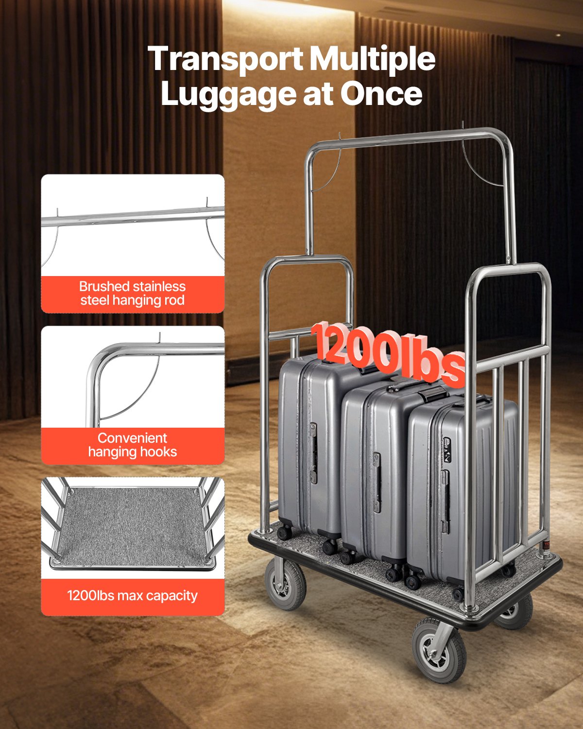 VEVOR Hotel Luggage Cart 1200 LBS Brushed Stainless Steel Finish Bellman's Cart