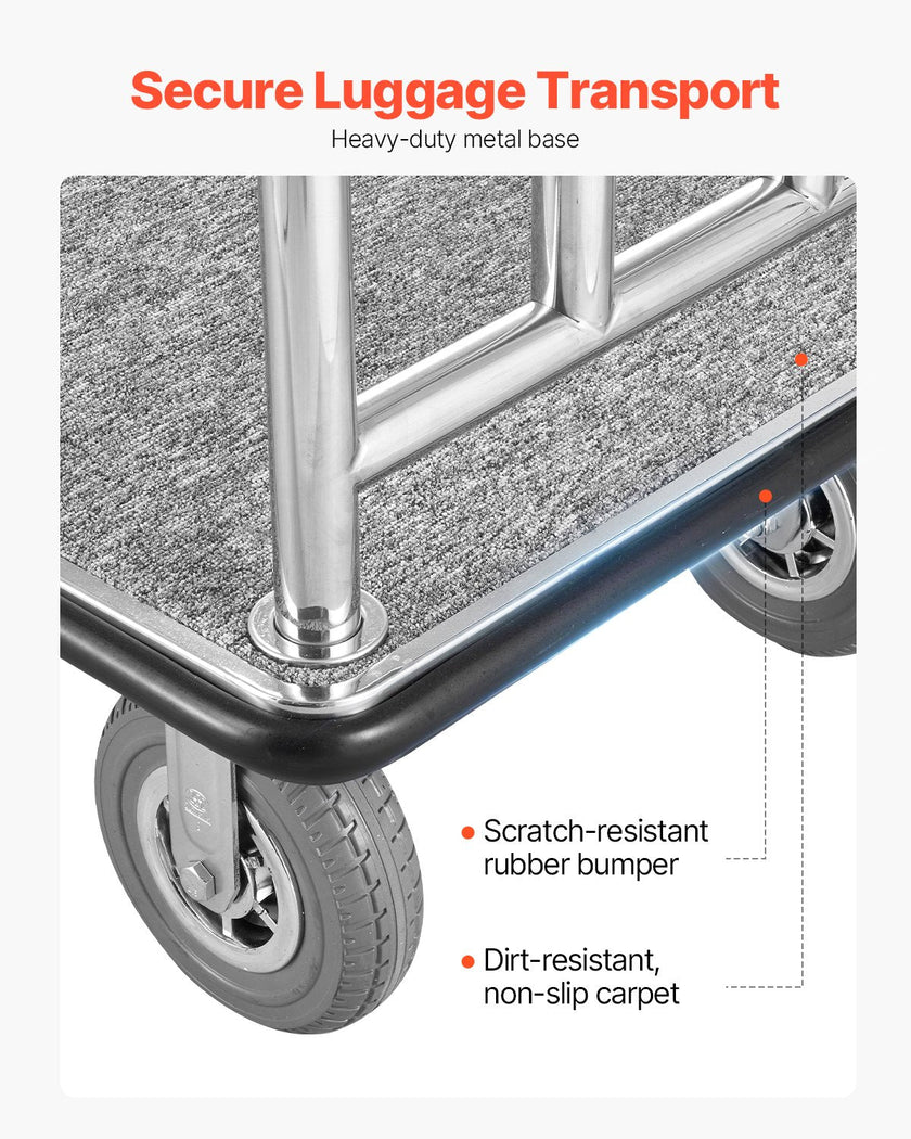 VEVOR Hotel Luggage Cart 1200 LBS Brushed Stainless Steel Finish Bellman's Cart