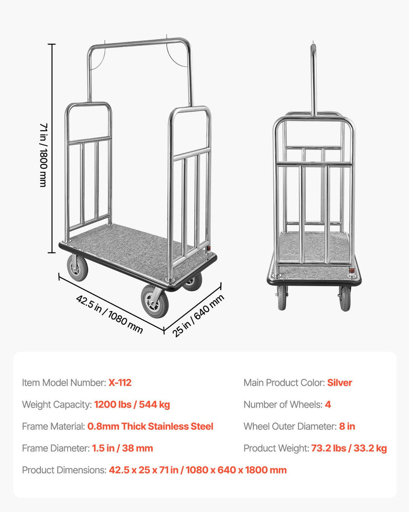 VEVOR Hotel Luggage Cart 1200 LBS Brushed Stainless Steel Finish Bellman's Cart