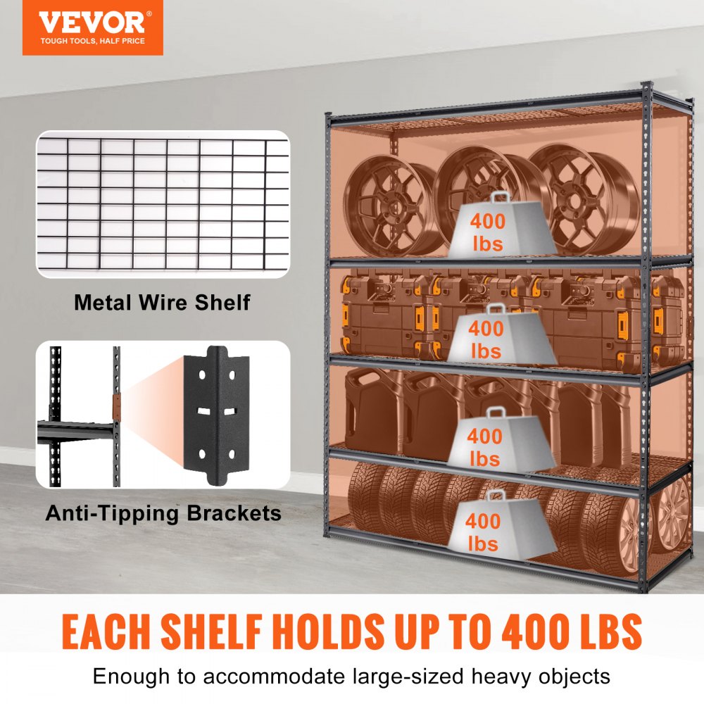 VEVOR Storage Shelving Unit, 5-Tier Adjustable, 2000 lbs Capacity, Heavy Duty Garage Shelves Metal Organizer Wire Rack, Black, 60