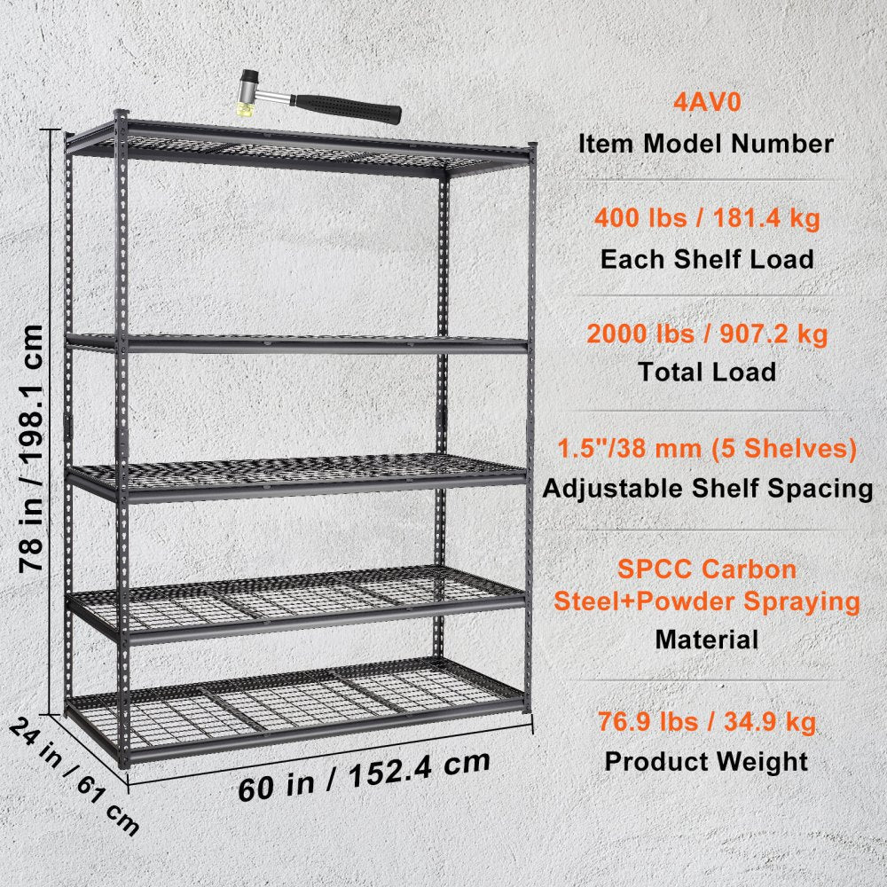 VEVOR Storage Shelving Unit, 5-Tier Adjustable, 2000 lbs Capacity, Heavy Duty Garage Shelves Metal Organizer Wire Rack, Black, 60