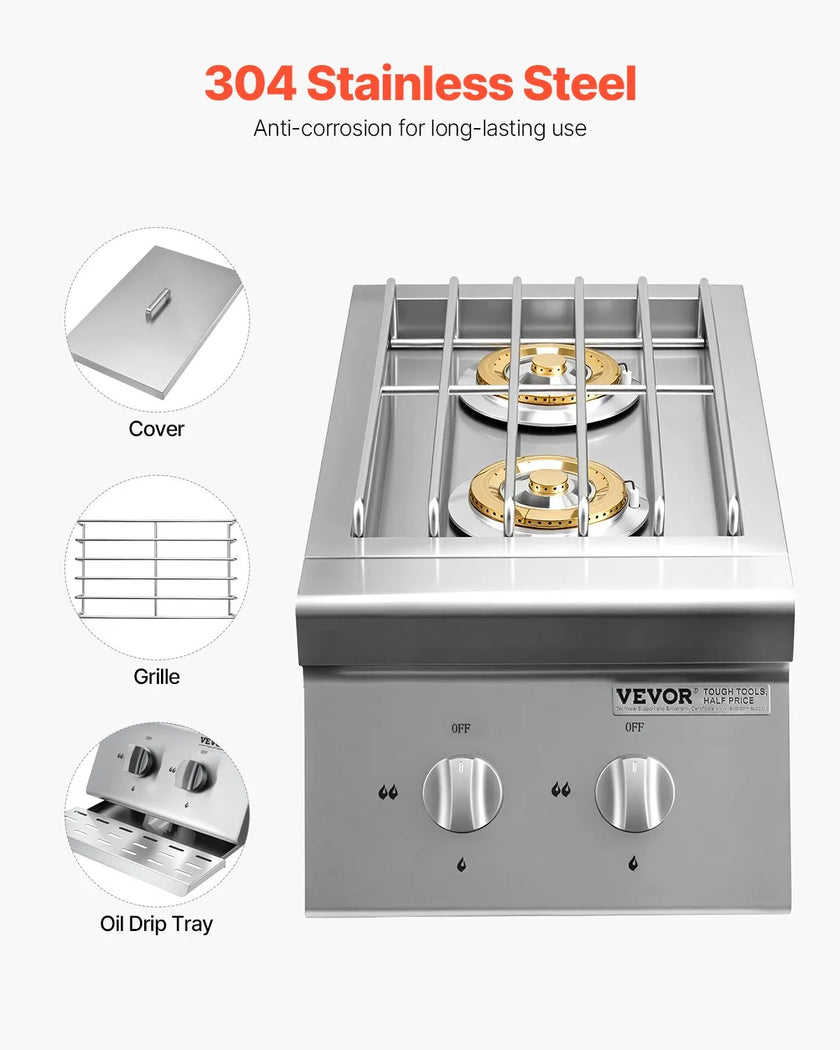 VEVOR Double Grilling Side Burners for Outdoor 2x15,000BTU Propane & Natural Gas