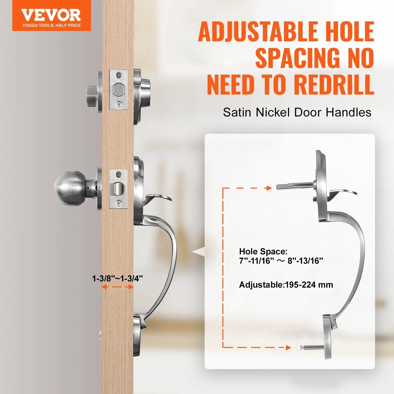 VEVOR Front Door Handle and Deadbolt Set, Satin Nickel Front Door Lock Set with Interior Knob, Single Cylinder Handleset Adjustable Hole Spacing, for Right and Left Handed Entrance and Front Door