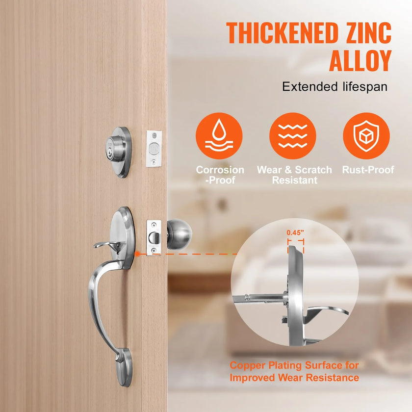 VEVOR Front Door Handle and Deadbolt Set, Satin Nickel Front Door Lock Set with Interior Knob, Single Cylinder Handleset Adjustable Hole Spacing, for Right and Left Handed Entrance and Front Door