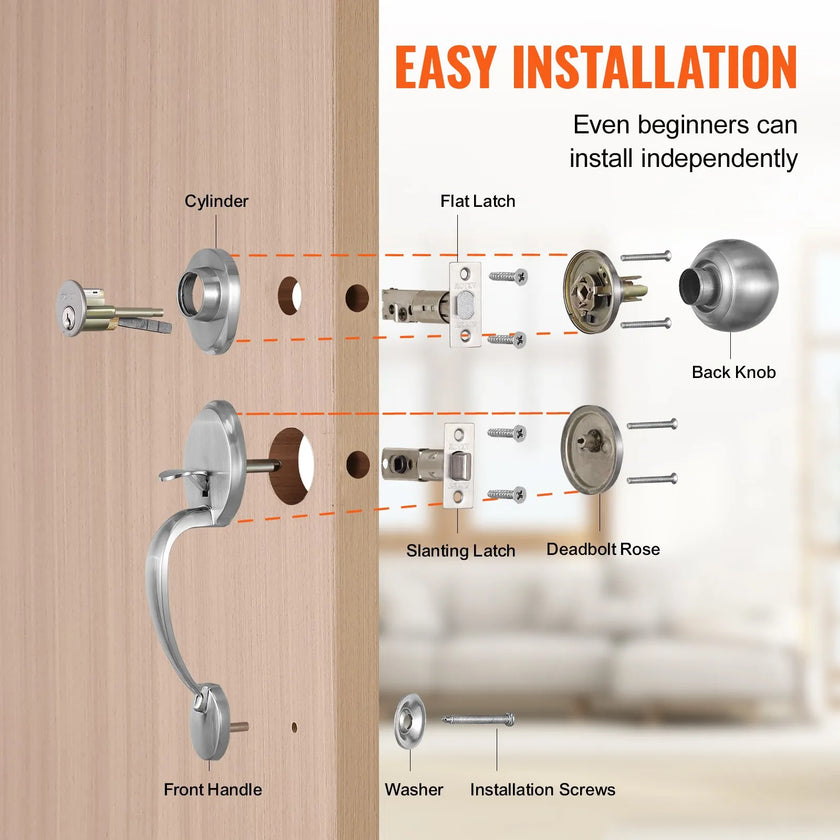 VEVOR Front Door Handle and Deadbolt Set, Satin Nickel Front Door Lock Set with Interior Knob, Single Cylinder Handleset Adjustable Hole Spacing, for Right and Left Handed Entrance and Front Door