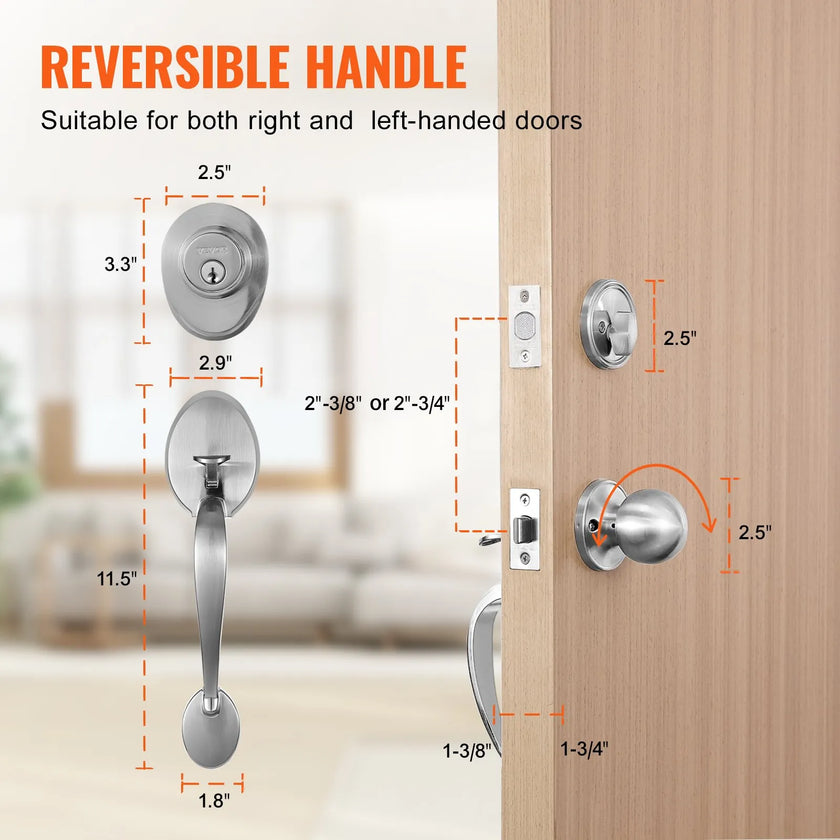 VEVOR Front Door Handle and Deadbolt Set, Satin Nickel Front Door Lock Set with Interior Knob, Single Cylinder Handleset Adjustable Hole Spacing, for Right and Left Handed Entrance and Front Door