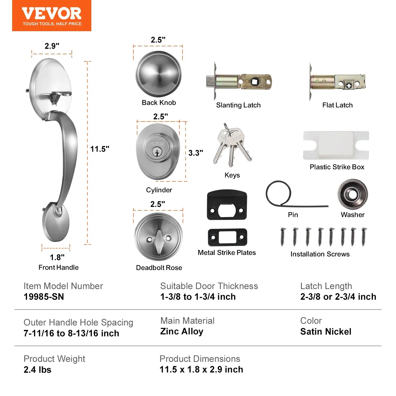 VEVOR Front Door Handle and Deadbolt Set, Satin Nickel Front Door Lock Set with Interior Knob, Single Cylinder Handleset Adjustable Hole Spacing, for Right and Left Handed Entrance and Front Door