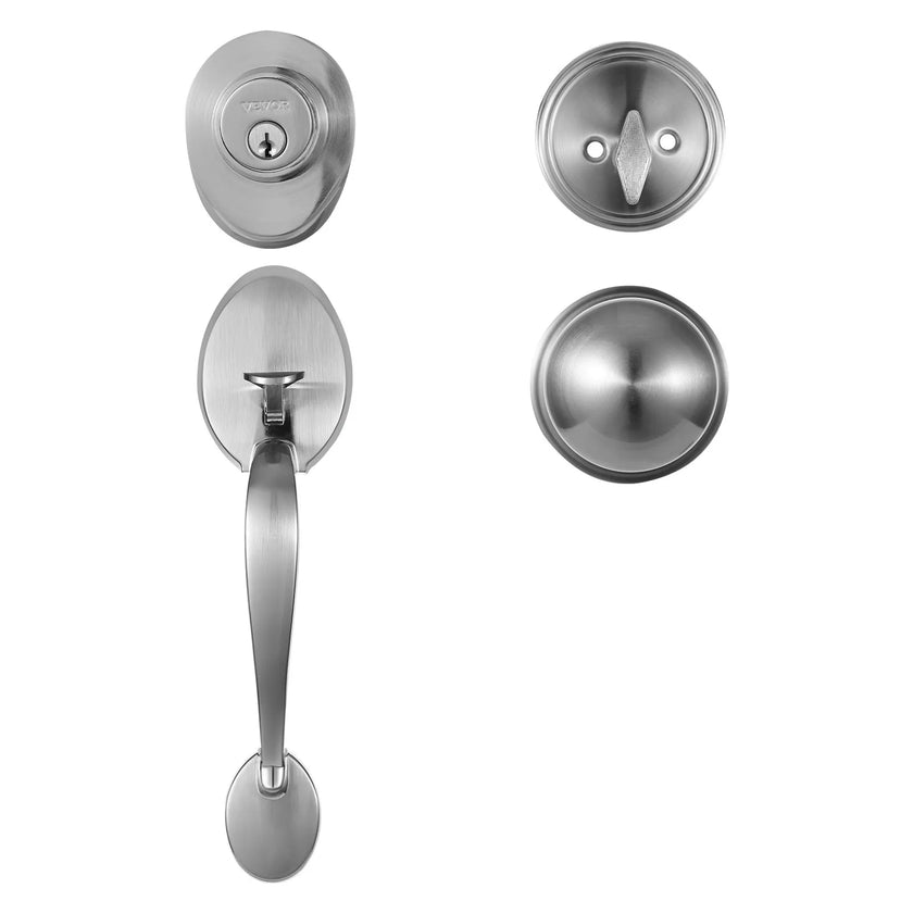 VEVOR Front Door Handle and Deadbolt Set, Satin Nickel Front Door Lock Set with Interior Knob, Single Cylinder Handleset Adjustable Hole Spacing, for Right and Left Handed Entrance and Front Door