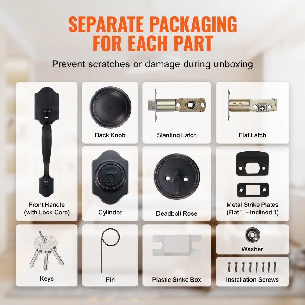 VEVOR Front Door Handle and Deadbolt Set, Antique Copper Front Door Lock Set with Interior Knob, Single Cylinder Handleset Adjustable Hole Spacing, for Right and Left Handed Entrance and Front Door
