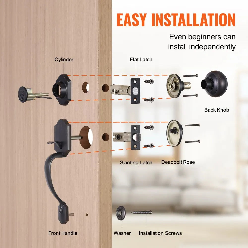 VEVOR Front Door Handle and Deadbolt Set, Antique Copper Front Door Lock Set with Interior Knob, Single Cylinder Handleset Adjustable Hole Spacing, for Right and Left Handed Entrance and Front Door