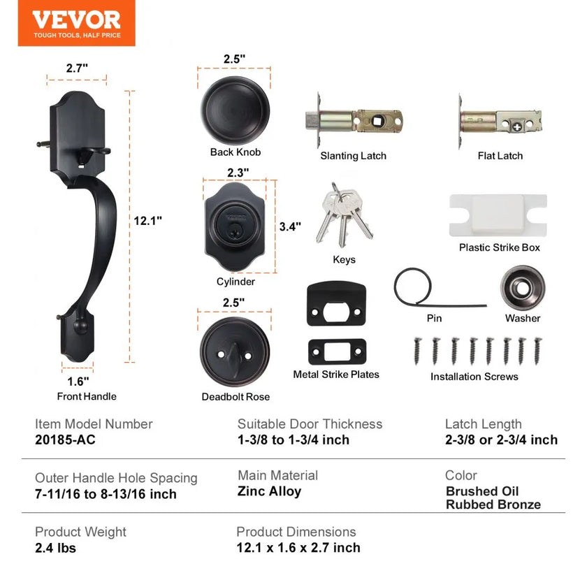 VEVOR Front Door Handle and Deadbolt Set, Antique Copper Front Door Lock Set with Interior Knob, Single Cylinder Handleset Adjustable Hole Spacing, for Right and Left Handed Entrance and Front Door