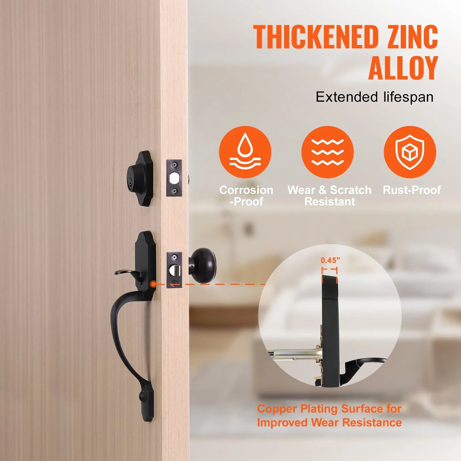 VEVOR Front Door Handle and Deadbolt Set, Matte Black Front Door Lock Set with Interior Knob, Single Cylinder Handleset Adjustable Hole Spacing, for Right and Left Handed Entrance and Front Door
