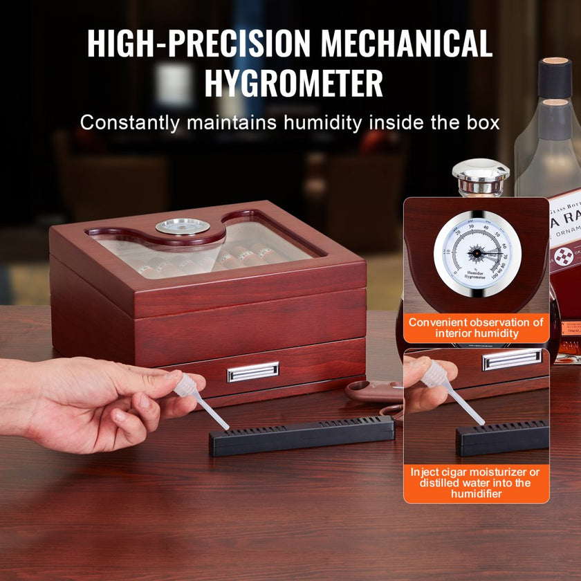 VEVOR 35 Cigar Humidor Glasstop Cedar Cigar Box Humidifier & Hygrometer & Drawer