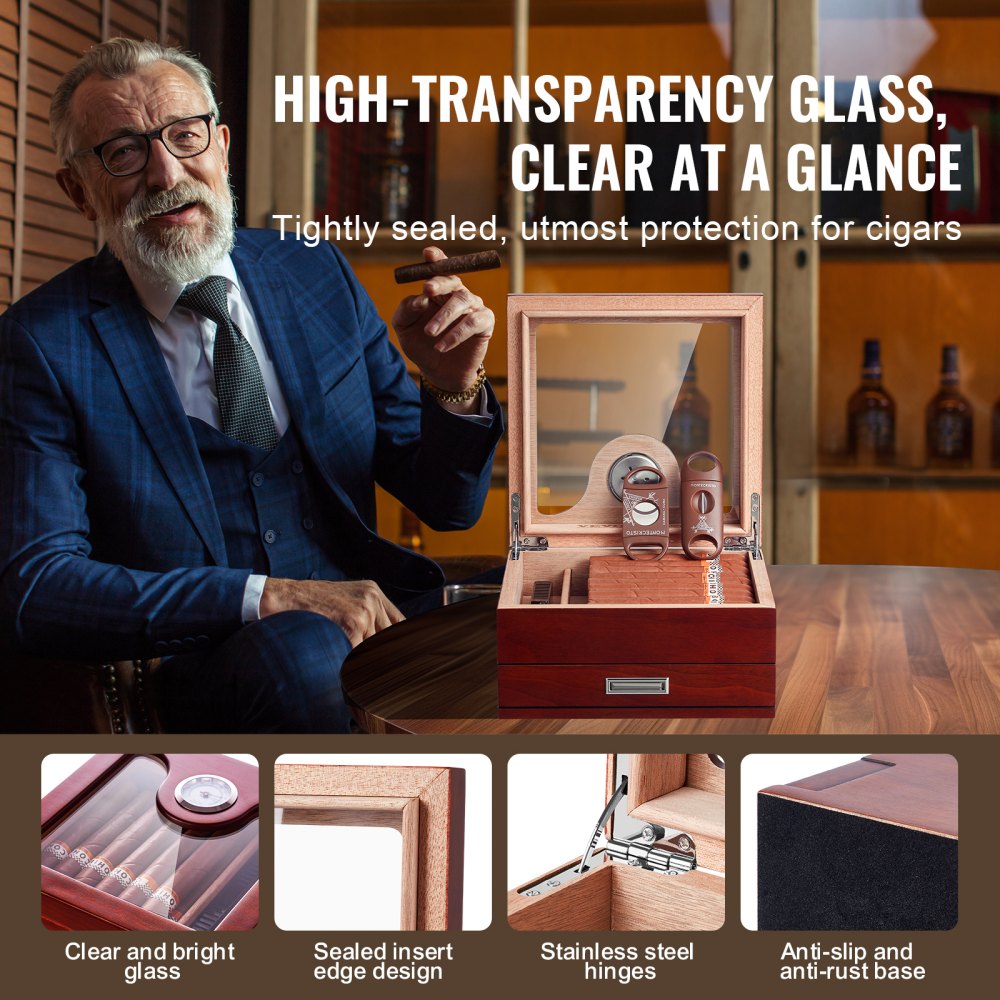 VEVOR 35 Cigar Humidor Glasstop Cedar Cigar Box Humidifier & Hygrometer & Drawer