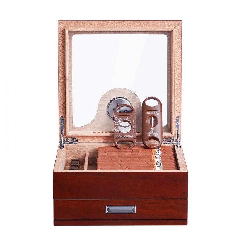 VEVOR 35 Cigar Humidor Glasstop Cedar Cigar Box Humidifier & Hygrometer & Drawer