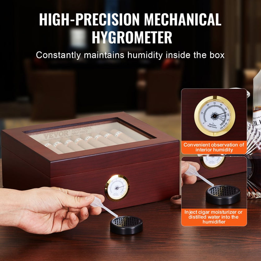 VEVOR 50 Cigars Humidor Glasstop Cedar Cigar Storage Box Humidifier Hygrometer