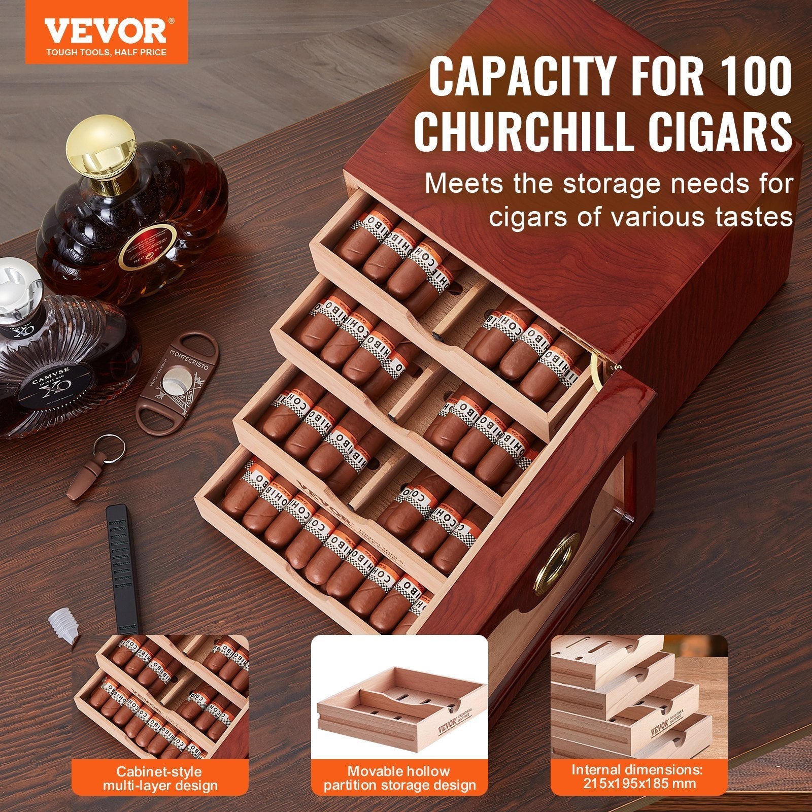 VEVOR 100 Cigar Humidor Cabinet Cedar Cigar Box Humidifier & Hygrometer & Shelve