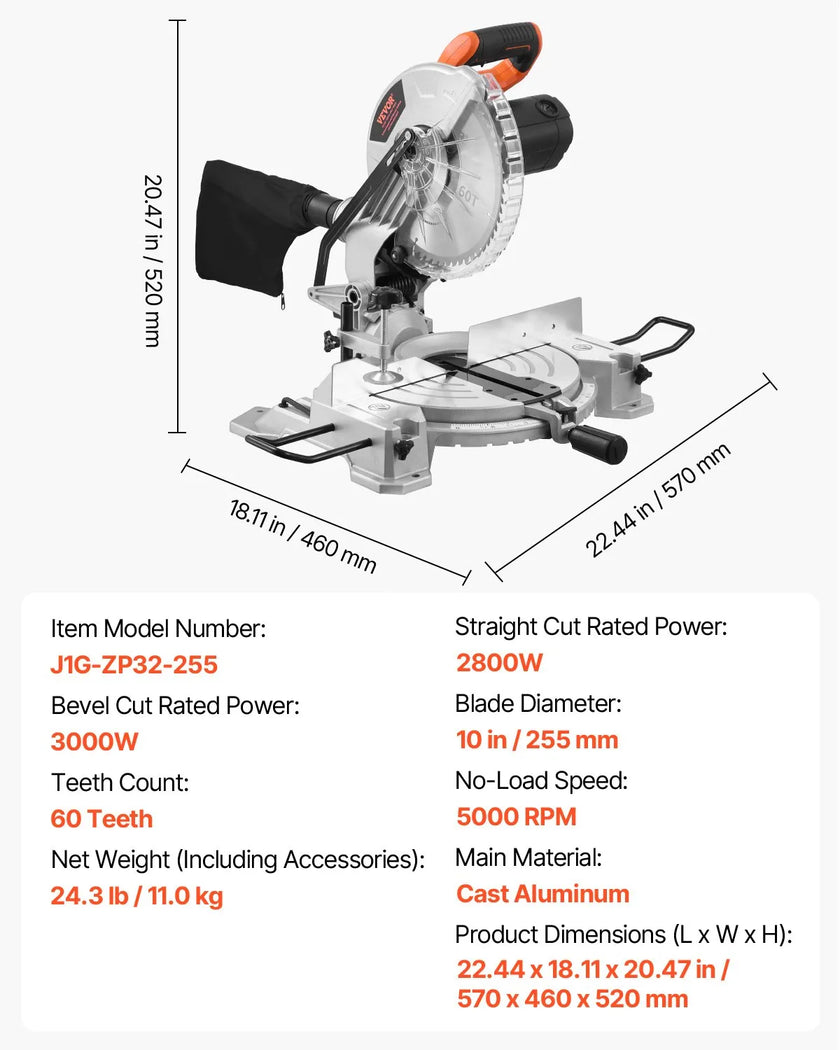 VEVOR Compound Miter Saw 10-Inch Blade 15 Amp Motor 60-Tooth Corded Single Bevel