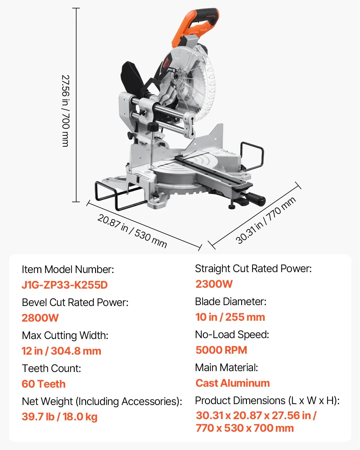 VEVOR Sliding Compound Miter Saw 10-Inch Blade 15 Amp Motor Corded Double Bevel