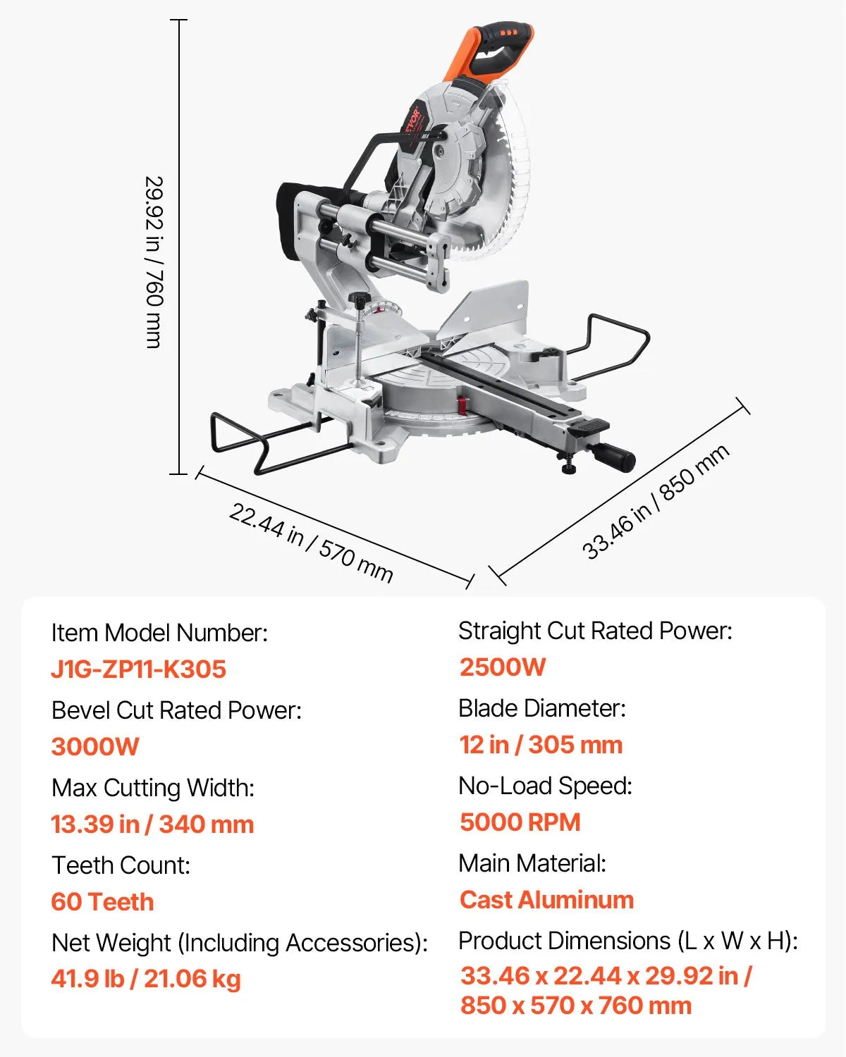 VEVOR Sliding Compound Miter Saw 12-Inch Blade 15 Amp Motor Corded Double Bevel