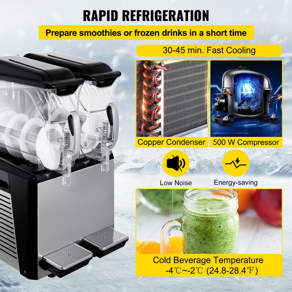 VEVOR Slush Frozen Drink Machine, 10LX2 Tanks, 900W Commercial Margarita Maker with 24.8°F to 28.4°F Temperature, Automatic Cleaning Cold Drink and Slush Modes, Perfect for Restaurants Cafes Bars