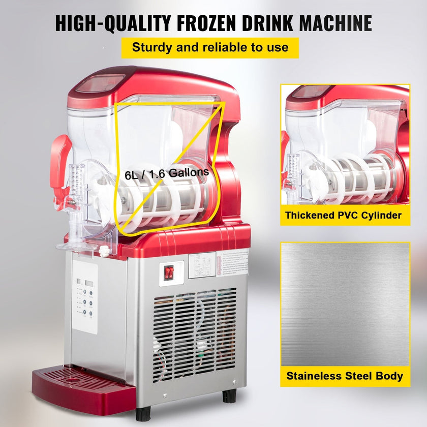 VEVOR Slush Frozen Drink Machine, 6LX1 Tank, 450W Commercial Margarita Maker with 14°F to 41°F Temperature Preservation, Automatic Clean Four Selectable Modes for Cafes Restaurants, Red