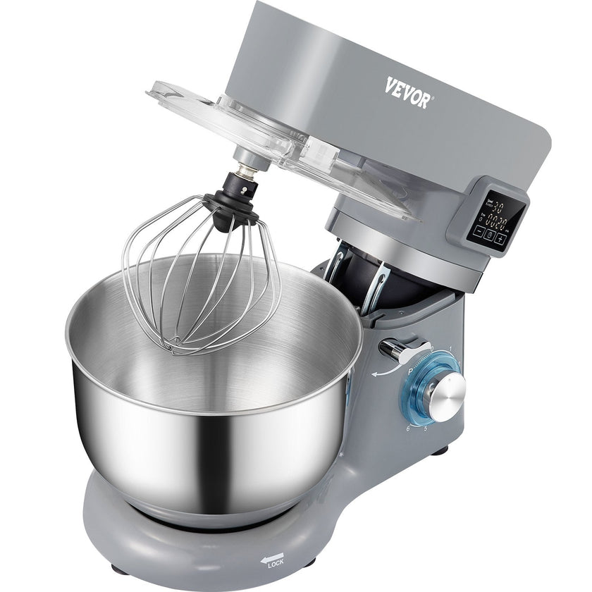 VEVOR Stand Mixer, 660W Electric Dough Mixer with 6 Speeds LCD Screen Timing, Tilt-Head Food Mixer with 5.8 Qt Stainless Steel Bowl, Dough Hook, Flat Beater, Whisk, Scraper, Splash-Proof Cover - Gray