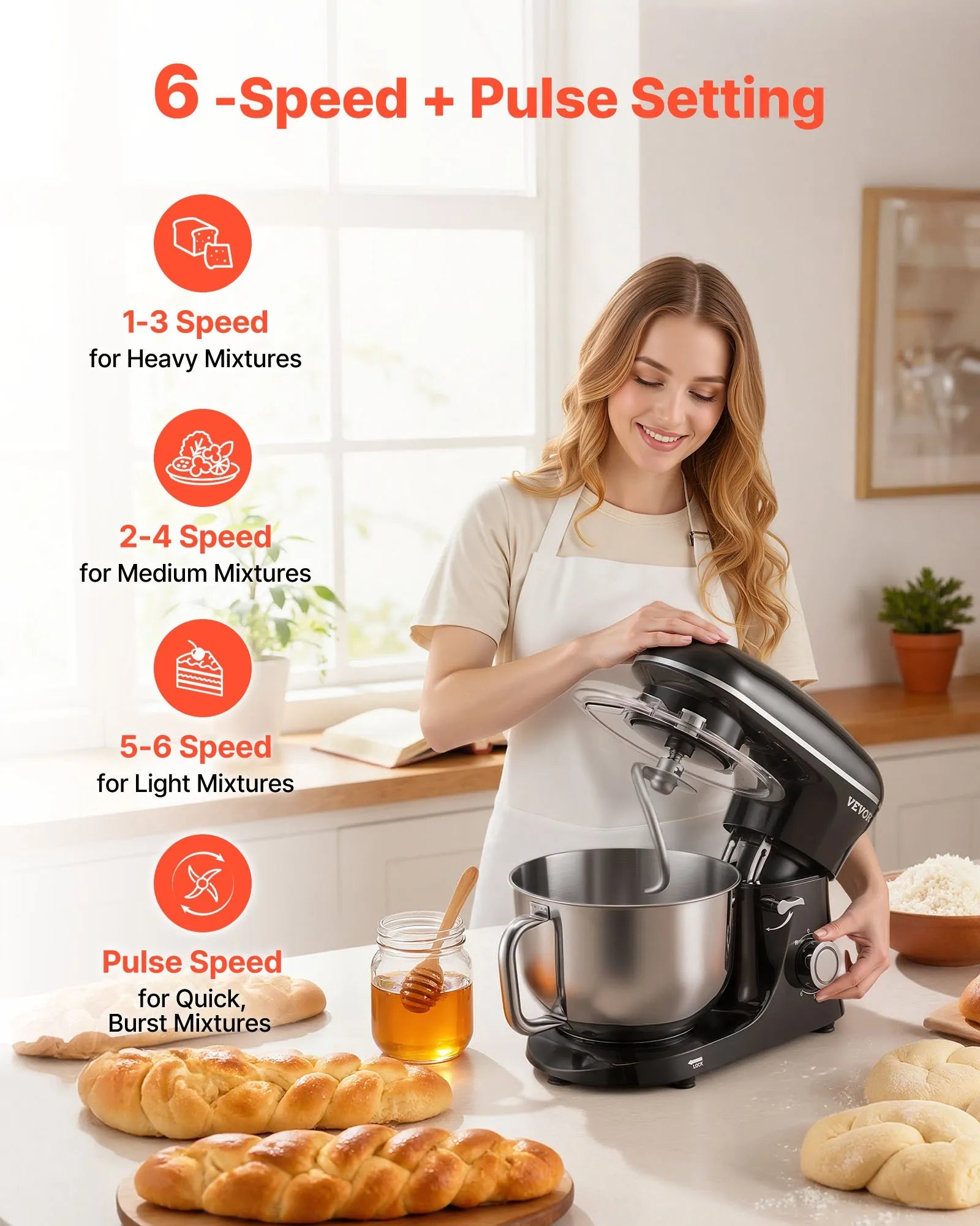 VEVOR Stand Mixer 6 Quart Electric Dough Mixer 660W 6 + P Speeds Food Beater