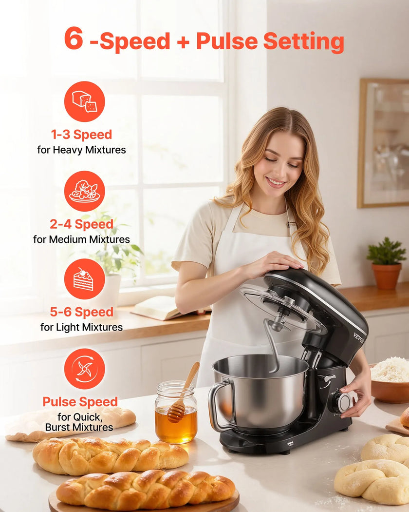 VEVOR Stand Mixer 6 Quart Electric Dough Mixer 660W 6 + P Speeds Food Beater