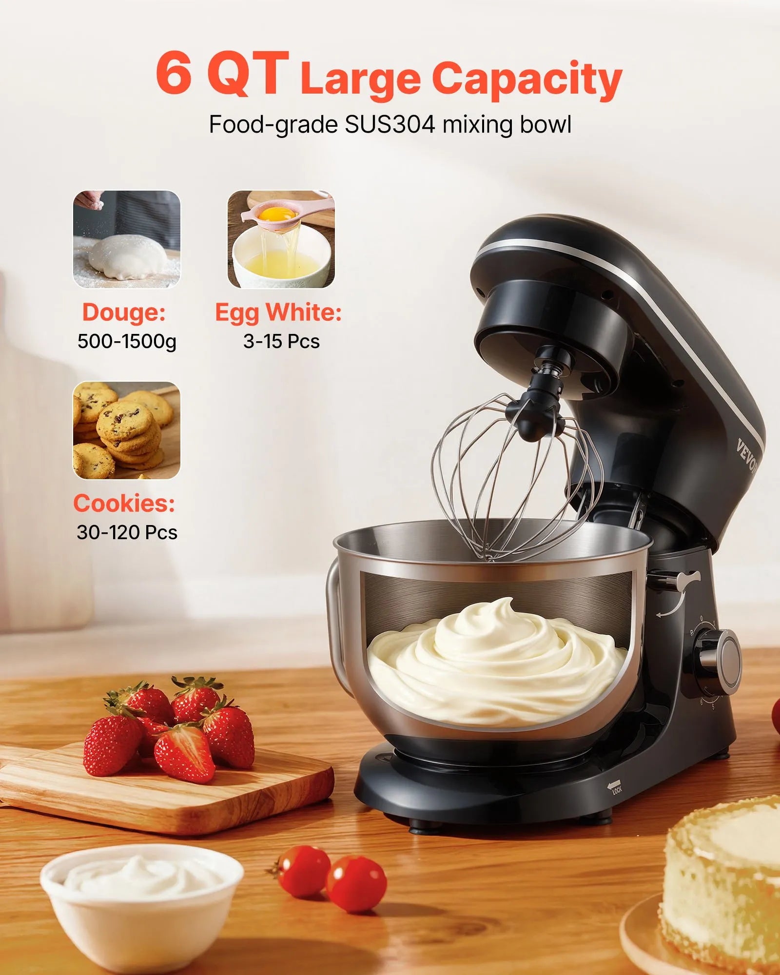 VEVOR Stand Mixer 6 Quart Electric Dough Mixer 660W 6 + P Speeds Food Beater