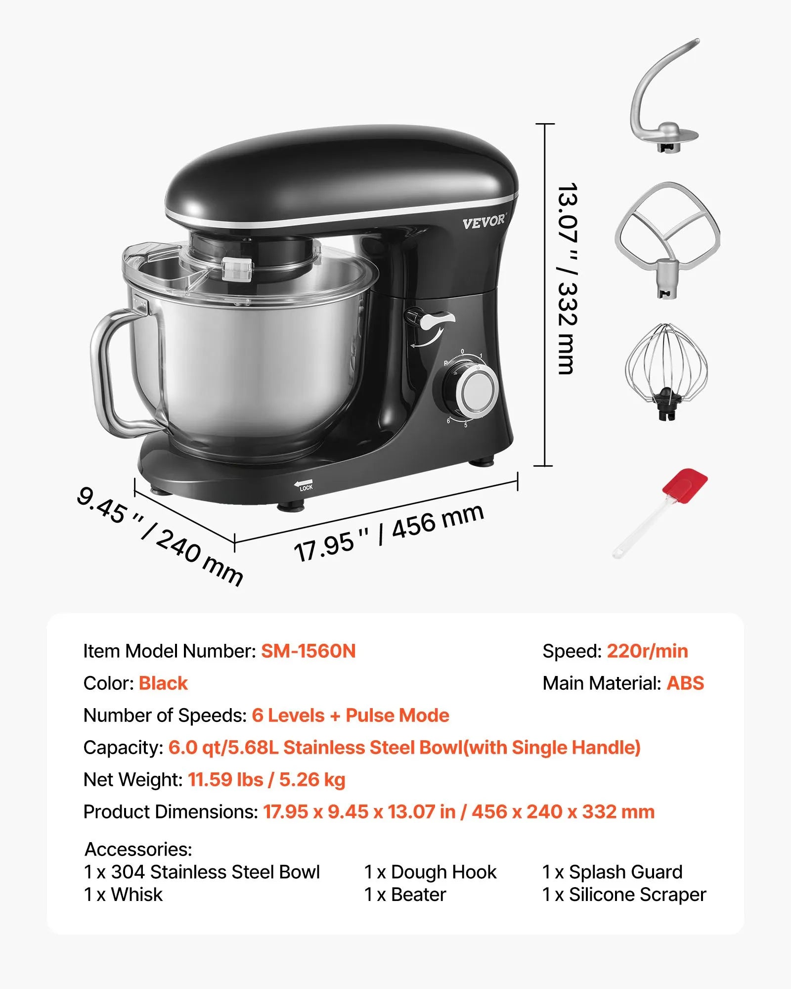 VEVOR Stand Mixer 6 Quart Electric Dough Mixer 660W 6 + P Speeds Food Beater