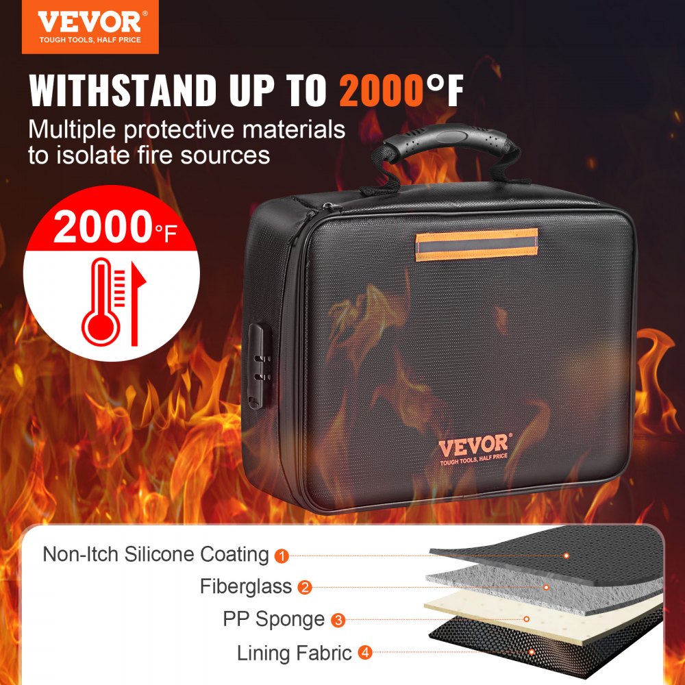 VEVOR Fireproof Document Box, Fireproof Document Bag with Lock 2000?, 3-layer Fireproof and Waterproof File Box 14.17x10.63x4.13 inch with Zipper, for Money, Documents, Jewelry and Passport